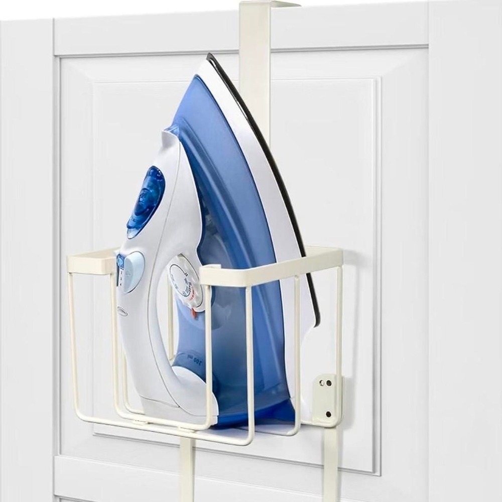 White Over The Door Ironing Board Holder with Storage Basket Wall Mountable